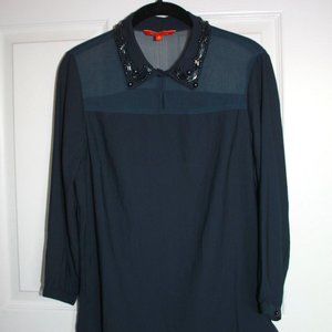Navy Chiffon Blouse W/Beaded Collar